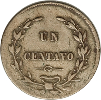 reverse of 1 Centavo (1865 - 1868) coin with KM# 109 from Costa Rica. Inscription: UN CENTAVO