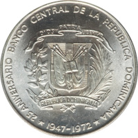 Dominican Republic coin 1 Peso - 25th Anniversary of the Central Bank (1972) obverse obverse of 1 Peso - 25th Anniversary of the Central Bank (1972) coin with KM# 34 from Dominican Republic.