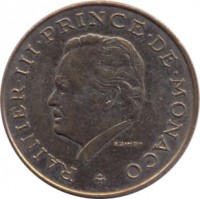obverse of 10 Francs - Rainier III (1975 - 1982) coin with KM# 154 from Monaco. Inscription: RAINIER III PRINCE DE MONACO G. SIMON