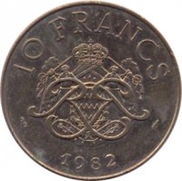 reverse of 10 Francs - Rainier III (1975 - 1982) coin with KM# 154 from Monaco. Inscription: 10 FRANCS 1982 DEO JUVANTE