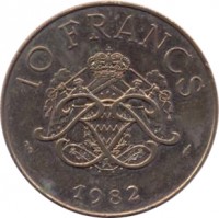 Monaco coin 10 Francs - Rainier III (1975 - 1982) reverse reverse of 10 Francs - Rainier III (1975 - 1982) coin with KM# 154 from Monaco. Inscription: 10 FRANCS 1982 DEO JUVANTE
