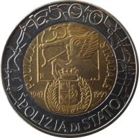 Italy coin 500 Lire - 50th Anniversary to National Police Code (1997) reverse reverse of 500 Lire - 50th Anniversary to National Police Code (1997) coin with KM# 187 from Italy. Inscription: L. 500 POLIZIA STRADALE 50 1947-1997 POLIZIA DI STATO