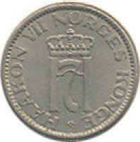 obverse of 50 Øre - Haakon VII (1953 - 1957) coin with KM# 402 from Norway. Inscription: HAAKON VII NORGES KONGE H7
