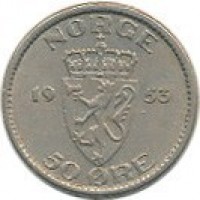 reverse of 50 Øre - Haakon VII (1953 - 1957) coin with KM# 402 from Norway. Inscription: NORGE 19 53 50 ØRE