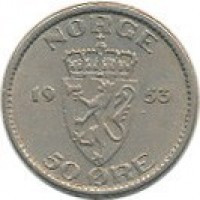 Norway coin 50 Øre - Haakon VII (1953 - 1957) reverse reverse of 50 Øre - Haakon VII (1953 - 1957) coin with KM# 402 from Norway. Inscription: NORGE 19 53 50 ØRE