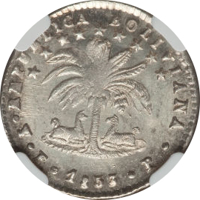 reverse of 1 Sol (1853 - 1859) coin with KM# 119 from Bolivia. Inscription: REPUBLICA BOLIVIANA · PTS · F · 1853 · P ·