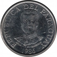obverse of 50 Guaraníes - Date on head (1980 - 1988) coin with KM# 169 from Paraguay. Inscription: REPUBLICA DEL PARAGUAY MCAL.J.F.ESTIGARRIBIA 1986