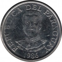 Paraguay coin 50 Guaraníes - Date on head (1980 - 1988) obverse obverse of 50 Guaraníes - Date on head (1980 - 1988) coin with KM# 169 from Paraguay. Inscription: REPUBLICA DEL PARAGUAY MCAL.J.F.ESTIGARRIBIA 1986