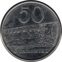 Paraguay coin 50 Guaraníes - Date on head (1980 - 1988) reverse reverse of 50 Guaraníes - Date on head (1980 - 1988) coin with KM# 169 from Paraguay. Inscription: 50 REPRESA ACARAY GUARANIES
