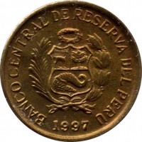 obverse of 1 Céntimo (1991 - 2006) coin with KM# 303 from Peru. Inscription: BANCO CENTRAL DE RESERVA DEL PERÚ 2004