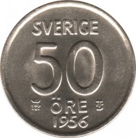 reverse of 50 Öre - Gustaf VI Adolf (1952 - 1961) coin with KM# 825 from Sweden. Inscription: SVERIGE 50 ØRE TS 1953
