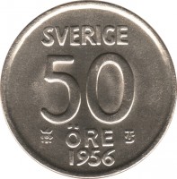 Sweden coin 50 Öre - Gustaf VI Adolf (1952 - 1961) reverse reverse of 50 Öre - Gustaf VI Adolf (1952 - 1961) coin with KM# 825 from Sweden. Inscription: SVERIGE 50 ØRE TS 1953
