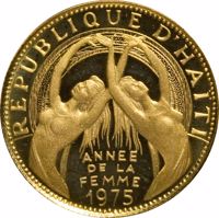 Haiti coin 200 Gourdes - International Women's Year (1975) obverse obverse of 200 Gourdes - International Women's Year (1975) coin with KM# 125 from Haiti. Inscription: REPUBLIQUE D'HAITI ANNÉE DE LA FEMME 1975