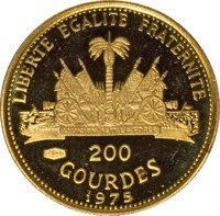 reverse of 200 Gourdes - International Women's Year (1975) coin with KM# 125 from Haiti. Inscription: LIBERTE EGALITE FRATERNITE 900 200 GOURDES 1975
