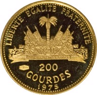 Haiti coin 200 Gourdes - International Women's Year (1975) reverse reverse of 200 Gourdes - International Women's Year (1975) coin with KM# 125 from Haiti. Inscription: LIBERTE EGALITE FRATERNITE 900 200 GOURDES 1975