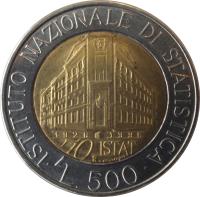 reverse of 500 Lire - Istituto Nazionale di Statistica (1996) coin with KM# 181 from Italy. Inscription: · ISTITUTO NAZIONALE DI STATISTICA · 1996 70 ISTAT L. 500 R