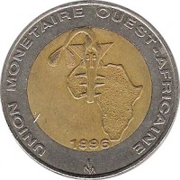 obverse of 250 Francs (1992 - 1996) coin with KM# 13 from Western Africa (BCEAO). Inscription: UNION MONETAIRE OUEST-AFRICAINE 1992