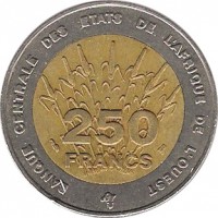 Western Africa (BCEAO) coin 250 Francs (1992 - 1996) reverse reverse of 250 Francs (1992 - 1996) coin with KM# 13 from Western Africa (BCEAO). Inscription: BANQUE CENTRALE DES ETATS DE L'AFRIQUE DE L'OUEST 250 FRANCS