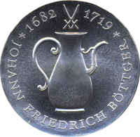 Germany coin 10 Mark - 250th Anniversary of Death of Johann Friedrich Böttger (1969) reverse reverse of 10 Mark - 250th Anniversary of Death of Johann Friedrich Böttger (1969) coin with KM# 24 from Germany. Inscription: * 1682 1719 * JOHANN FRIEDRICH BÖTTGER