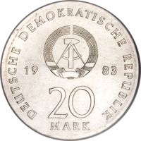 obverse of 20 Mark - 500th Anniversary of Birth of Martin Luther (1983) coin with KM# 94 from Germany. Inscription: DEUTSCHE DEMOKRATISCHE REPUBLIK 19 83 20 MARK