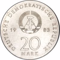 Germany coin 20 Mark - 500th Anniversary of Birth of Martin Luther (1983) obverse obverse of 20 Mark - 500th Anniversary of Birth of Martin Luther (1983) coin with KM# 94 from Germany. Inscription: DEUTSCHE DEMOKRATISCHE REPUBLIK 19 83 20 MARK