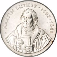 reverse of 20 Mark - 500th Anniversary of Birth of Martin Luther (1983) coin with KM# 94 from Germany. Inscription: MARTIN LUTHER * 1483 - 1546 R