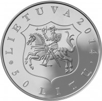 Lithuania coin 50 Litų - 500th anniversary of the Battle of Orsha (2014) obverse obverse of 50 Litų - 500th anniversary of the Battle of Orsha (2014) coin with KM# 199 from Lithuania. Inscription: LIETUVA 2014 · 50 LITŲ