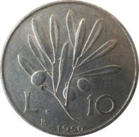 reverse of 10 Lire (1946 - 1950) coin with KM# 90 from Italy. Inscription: L 10 R 1949