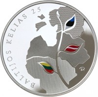 reverse of 50 Litų - Lithuania’s Road to Independence - 25th anniversary of the Baltic Way (2014) coin with KM# 200 from Lithuania. Inscription: BALTIJOS KELIAS 25