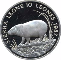 obverse of 10 Leones - World Wildlife Fund (1987) coin with KM# 41 from Sierra Leone. Inscription: SIERRA LEONE 10 LEONES 1987