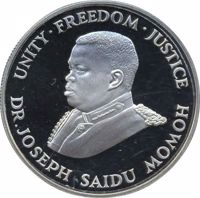 reverse of 10 Leones - World Wildlife Fund (1987) coin with KM# 41 from Sierra Leone. Inscription: UNITY·FREEDOM·JUSTICE DR. JOSEPH SAIDU MOMOH