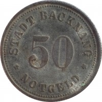 Germany coin 50 Pfenning - Backnang (1918) reverse reverse of 50 Pfenning - Backnang (1918) coin with F# 25.5 from Germany. Inscription: STADT BACKNANG * NOTGELD * 50