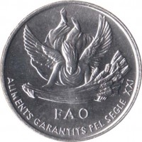 Andorra coin 1 Cèntim - Joan Martí i Alanis - FAO (1999) obverse obverse of 1 Cèntim - Joan Martí i Alanis - FAO (1999) coin with KM# 171 from Andorra. Inscription: FAO ALIMENTS GARANTITS PEL SEGLE XXI