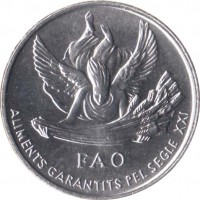 obverse of 1 Cèntim - Joan Martí i Alanis - FAO (1999) coin with KM# 171 from Andorra. Inscription: FAO ALIMENTS GARANTITS PEL SEGLE XXI