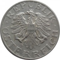 obverse of 2 Schilling (1946 - 1952) coin with KM# 2872 from Austria. Inscription: · REPUBLIK · ÖSTERREICH