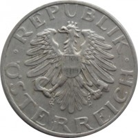 Austria coin 2 Schilling (1946 - 1952) obverse obverse of 2 Schilling (1946 - 1952) coin with KM# 2872 from Austria. Inscription: · REPUBLIK · ÖSTERREICH