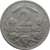 Austria coin 2 Schilling (1946 - 1952) reverse reverse of 2 Schilling (1946 - 1952) coin with KM# 2872 from Austria. Inscription: 2 SCHILLING 19 46