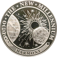 Kiribati coin 5 Dollars - The New Millennium (2000) reverse reverse of 5 Dollars - The New Millennium (2000) coin with KM# 37 from Kiribati. Inscription: 2000 * THE * NEW * MILLENNIUM * HARMONY