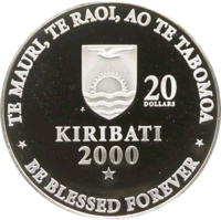 Kiribati coin 20 Dollars - The New Millennium (2000) obverse obverse of 20 Dollars - The New Millennium (2000) coin with KM# 39 from Kiribati. Inscription: TE MAURI, TE RAOI, AO TE TABOMOA 20 DOLLARS FM KIRIBATI 2000 BE BLESSED FOREVER