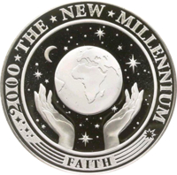 Kiribati coin 20 Dollars - The New Millennium (2000) reverse reverse of 20 Dollars - The New Millennium (2000) coin with KM# 39 from Kiribati. Inscription: 2000 * THE * NEW * MILLENNIUM FAITH