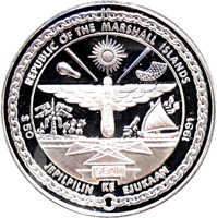 Marshall Islands coin 50 Dollars - Military Heroes Series - To the Heroes of Pearl Harbor (1991) obverse obverse of 50 Dollars - Military Heroes Series - To the Heroes of Pearl Harbor (1991) coin with KM# 36 from Marshall Islands. Inscription: REPUBLIC OF THE MARSHALL ISLAND $50 1991 SEAL JEPILPILIN KE EJUKAAN