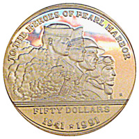 Marshall Islands coin 50 Dollars - Military Heroes Series - To the Heroes of Pearl Harbor (1991) reverse reverse of 50 Dollars - Military Heroes Series - To the Heroes of Pearl Harbor (1991) coin with KM# 36 from Marshall Islands. Inscription: TO THE HEROES OF PEARL HARBOR R FIFTY DOLLARS 1941*1991