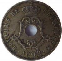 obverse of 25 Centimes - Leopold II - French text (1908 - 1909) coin with KM# 62 from Belgium. Inscription: ROYAUME DE BELGIQUE * · 1908 ·
