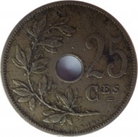 reverse of 25 Centimes - Leopold II - French text (1908 - 1909) coin with KM# 62 from Belgium. Inscription: 25 CES A. MICHAUX