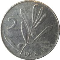 reverse of 2 Lire (1953 - 2001) coin with KM# 94 from Italy. Inscription: 2 1958 R