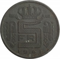 reverse of 5 Francs - Leopold III - Dutch text (1941 - 1947) coin with KM# 130 from Belgium. Inscription: 5 FR 1941