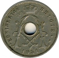 obverse of 5 Centimes - Albert I - Dutch text (1930 - 1931) coin with KM# 94 from Belgium. Inscription: KONINKRIJK BELGIË ** 1931