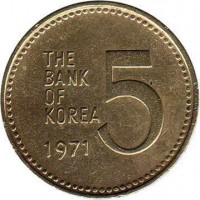 Korea coin 5 Won (1970 - 1982) reverse reverse of 5 Won (1970 - 1982) coin with KM# 5a from Korea. Inscription: THE BANK OF KOREA 5 1972