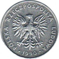obverse of 5 Złotych (1989 - 1990) coin with Y# 81.3 from Poland. Inscription: POLSKA RZECZPOSPOLITA LUDOWA 1990