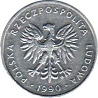 Poland coin 5 Złotych (1989 - 1990) obverse obverse of 5 Złotych (1989 - 1990) coin with Y# 81.3 from Poland. Inscription: POLSKA RZECZPOSPOLITA LUDOWA 1990